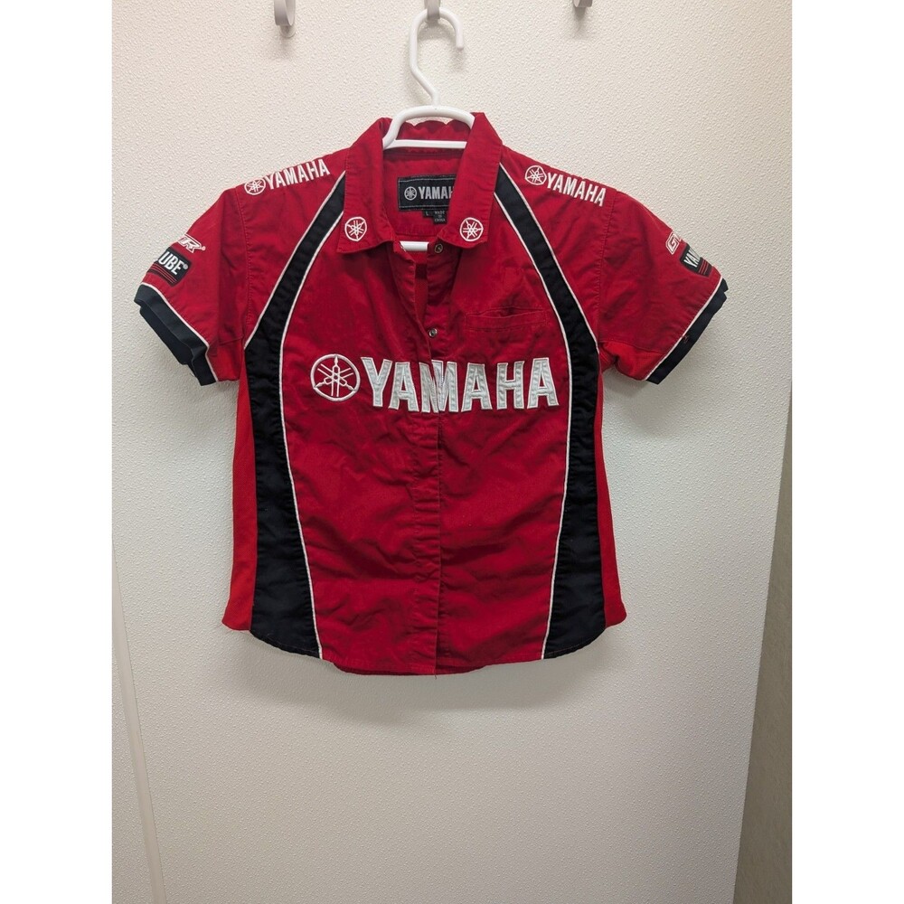 Vintage Y2K L Yamaha Red Short Sleeve Button Up Shirt Men USA Racing Workwear